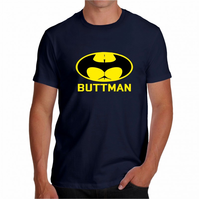 Maglietta Buttman super eroe Batman. Simpatica e divertente. Colore blu scuro.
