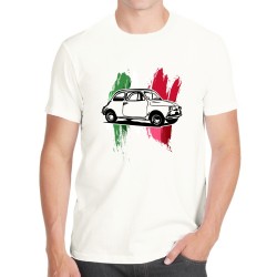 T-shirt bianca girocollo in cotone 500 vintage sport auto old style microcar italian car automobilismo italia uomo