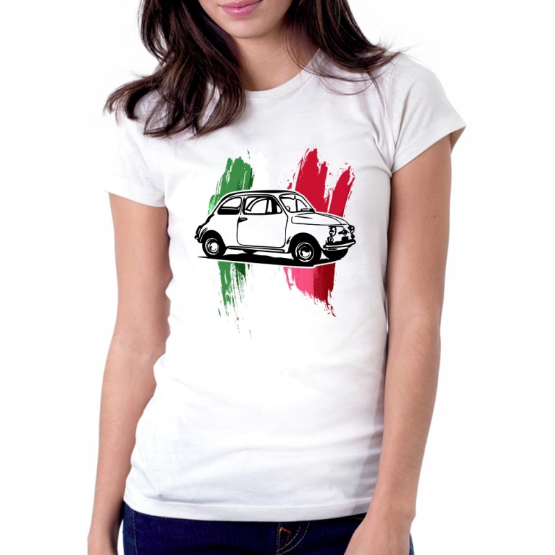 T-shirt bianca girocollo in cotone 500 vintage sport auto old style microcar italian car automobilismo italia donna
