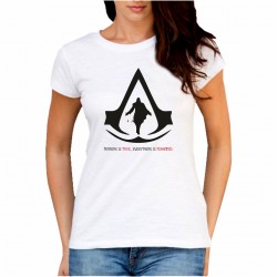 T-shirt bianca gamer assassins maglia simbolo gaming videogioco disegno consolle donna