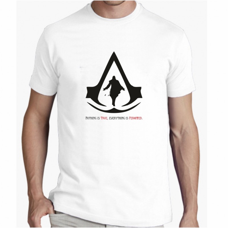 T-shirt bianca gamer assassins maglia simbolo gaming videogioco disegno consolle uomo