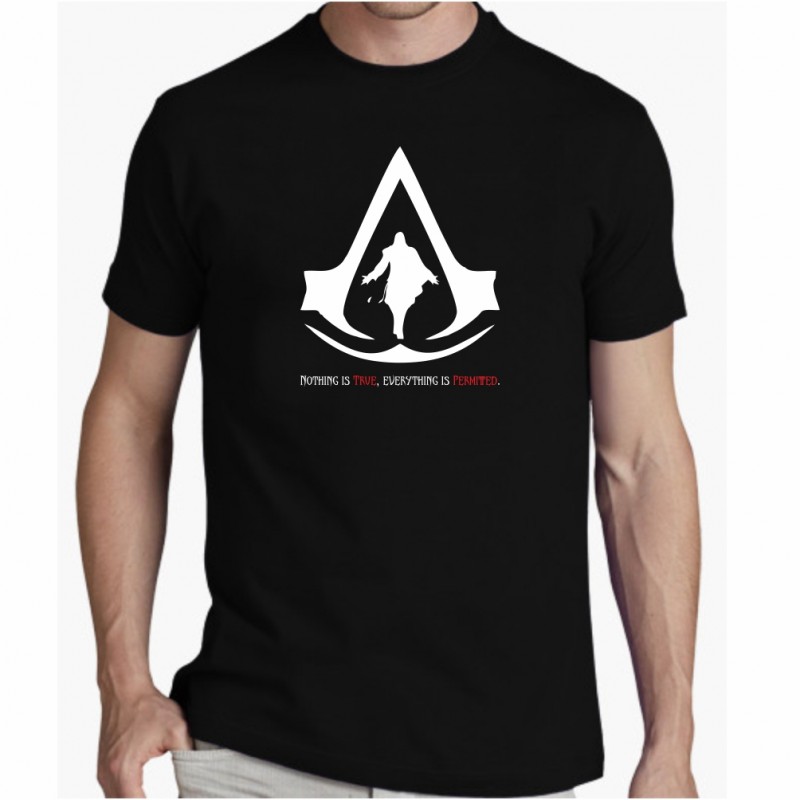 T-shirt nera gamer assassins maglia simbolo gaming videogioco disegno consolle uomo