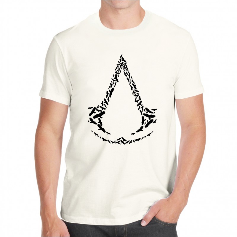 T-shirt bianca gamer assassins maglia simbolo gaming videogioco disegno corvi uomo